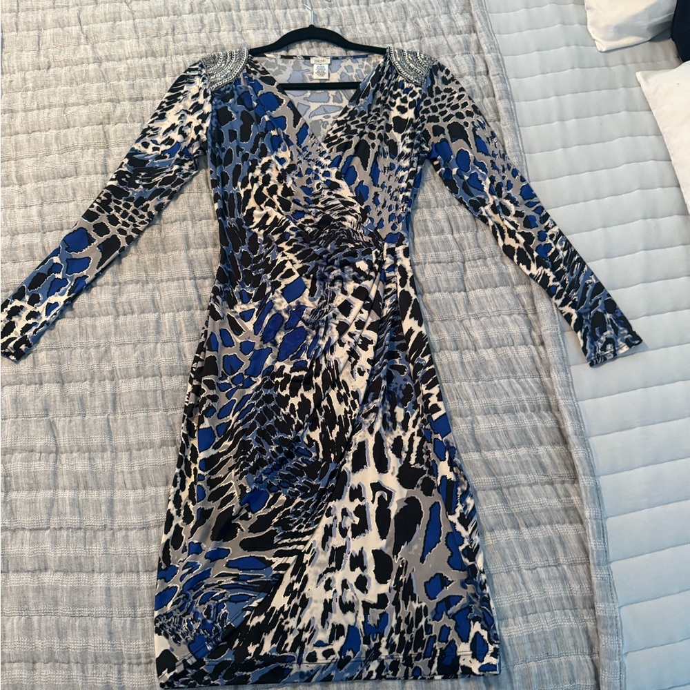 Cache Blue and Black Patterned Long Sleeve Dress